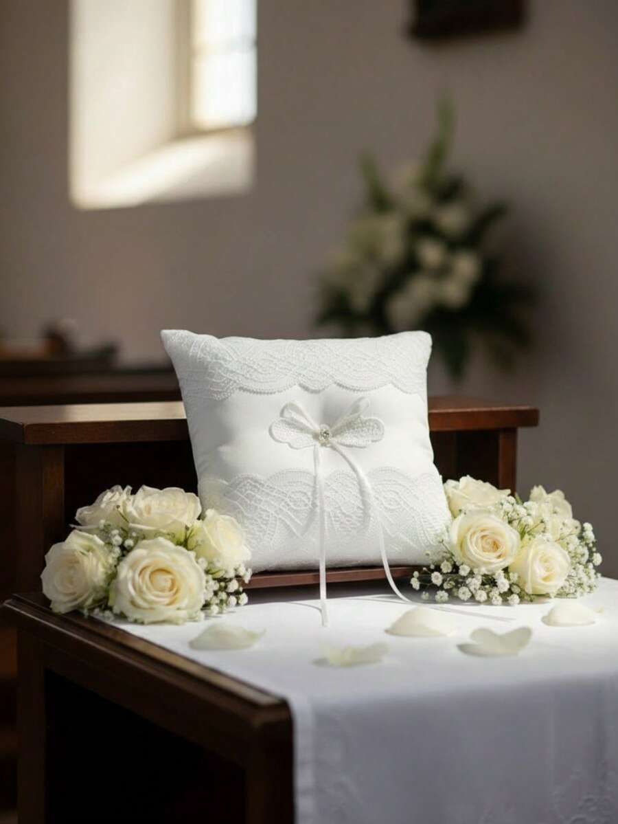 1pc Lace Bride Wedding Ring Pillow Western Wedding Gift Ring Props Bow Square Ring Pillow Pearl Bride Ring Pillow Western Wedding Supplies - Double-lace Ring Pillow - View 1