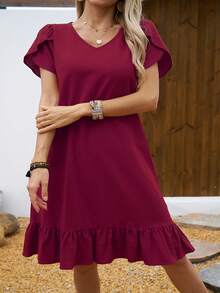 Women's Dress With V-Neck, Shell Sleeves And Ruffles - 鵝黃色 - 查看 3
