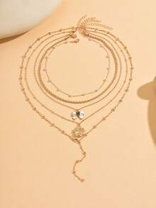 5pcs/Set Elegant Design Faux Pearl Gold Handmade Chain Sweet Bow Flower Pendant Decorative Necklace, Layered Or Single Wear, Charming Women's Neck Jewelry, Chain Cut By Length, Number Of Sections Not Fixed - Multicolor - View 2