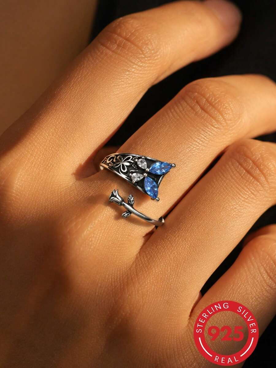 1pc 925 Sterling Silver Women's Ring, Hypoallergenic, Adjustable Vintage Butterfly Thumb Ring, Lucky Ring, Motherhood Ring, Retro Style, Suitable For Daily Wear, Party, Holiday, Valentine's Day, Halloween, Easter, Etc., Comes With Gift Box - Antique Silver - View 1