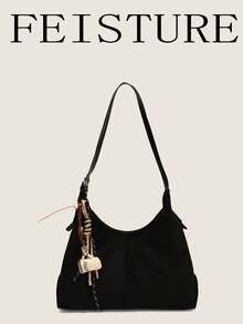 1pc New Suede Women's One Shoulder Underarm Bag, Magnetic Closure, Get Random Accessory Charm For Free With Store Follow, Suitable For Daily Outing, Dating, Commuting - Black - View 2