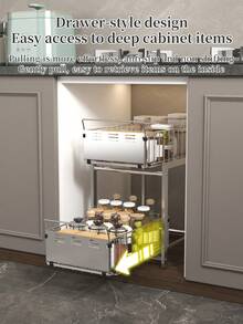 1pc 2-Tier Kitchen Storage Rack, Sink Organizer, Kitchen Utensil Storage Box, Spice Storage Box, Multi-Compartment Drawer-Style Storage Rack, Suitable For Kitchen, Bathroom, Can Store Mugs, Coffee Cups, Etc. - Grey - View 4