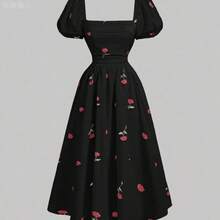 jianchaimaoyi02  MOD Vestido con manga abullonada, pliegues en el pecho, cintura fruncida y aplicación de flores rosas en la base - Blanco - Ver 6