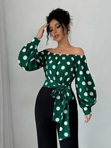 Elegant Women's Off-Shoulder Blouse With Polka Dots And Front Bow - Puff Sleeves, Round Neck, White, Machine Washable, Ideal For Casual Or Semi-Formal Wear In All Seasons - 藍天 - 查看 7