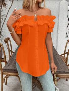 Talla Grande - Talla Grande - Camiseta de Mujer de Talla Grande, Color Sólido, Volantes y Hombros Descubiertos, Manga Corta - Naranja - Ver 6