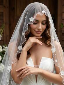 3m Long Wedding Veils 1 Tier Bridal Veils With Lettuce Trim No Comb Soft Tulle Accessories With Pearls Flower - Multicolor - View 2