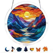 Acrylic Puzzles Suncatcher Window Hanging, 83 Pieces 7.4 Inch Sun Catcher Acrylic Puzzles Garden Decoration For Women Men Mom Birthday Gift Home Decor (Dawn Flower) - 月光下的河景 - 查看 10