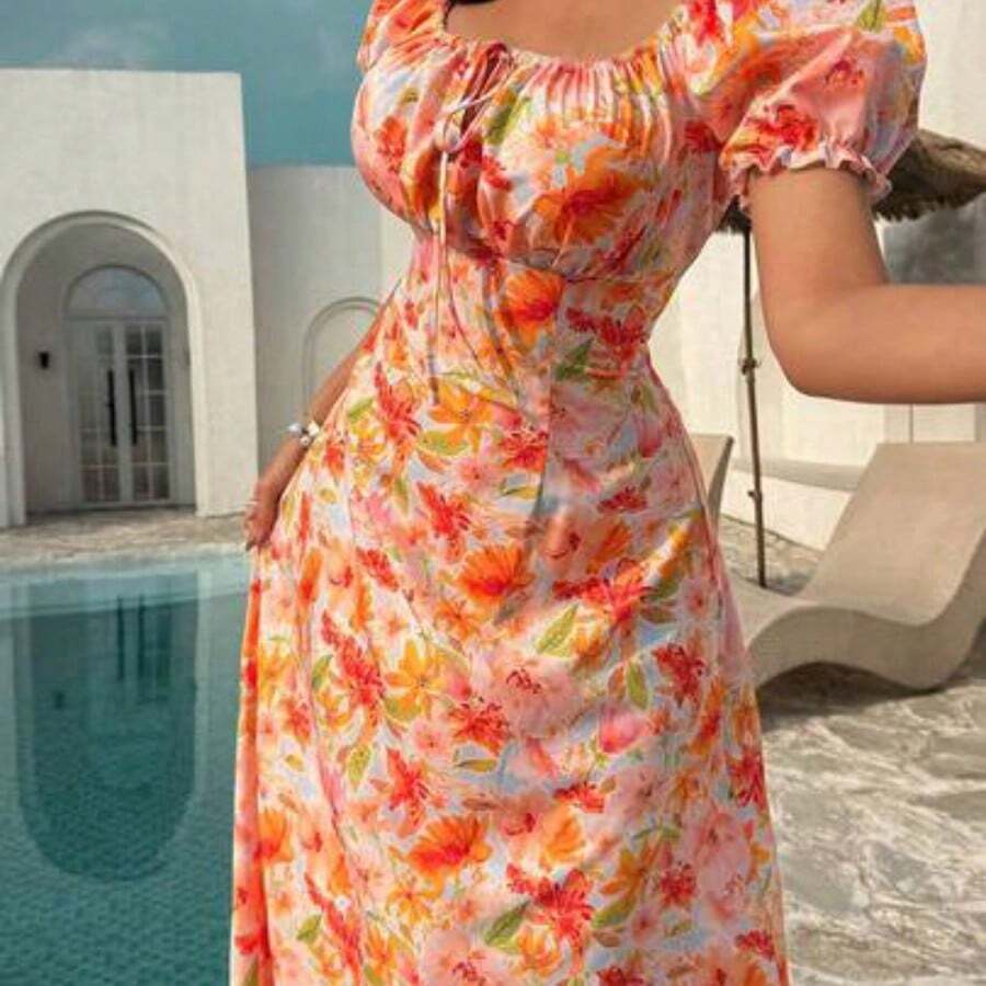 jianchaimaoyi02  Vestido largo con cuello cuadrado, mangas abultadas y fruncido, estilo coreano, con estampado floral naranja, para mujer. Vestido largo y ajustado, ideal para vacaciones, uso diario y streetwear de verano. - Rojo - Ver 1