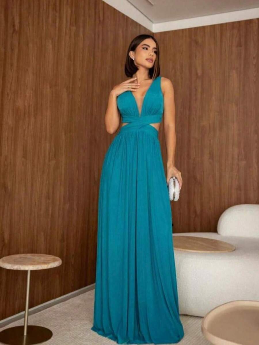 Long Wrap Dress For Graduation And Wedding Bridesmaids. Luxury Dresses. - 石油綠 - 查看 1