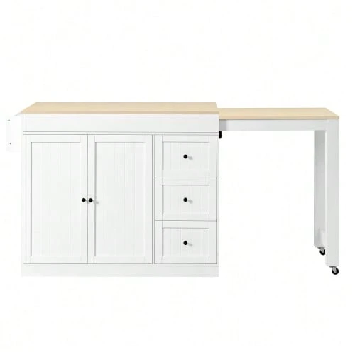 Isla de cocina sobre ruedas, isla de cocina extensible con zona de comedor, especiero y cajones, isla de cocina móvil e independiente, ideal para la cocina y el comedor (blanca). - Blanco - Ver 1