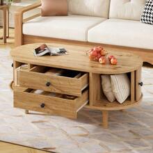 Oval Coffee Table In MDF With Vertical Slats, Sliding Doors And 2 Drawers. - Natural Color - View 6