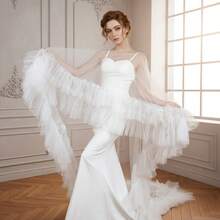 1 Set Bridal Tulle Cape Multilayer Ruffle Lace Shawl, Wrap With Ruched Hem For Wedding Photos, Hot Air Can Reduce Wrinkling Fall Clothes For Women - Multicolor - View 13