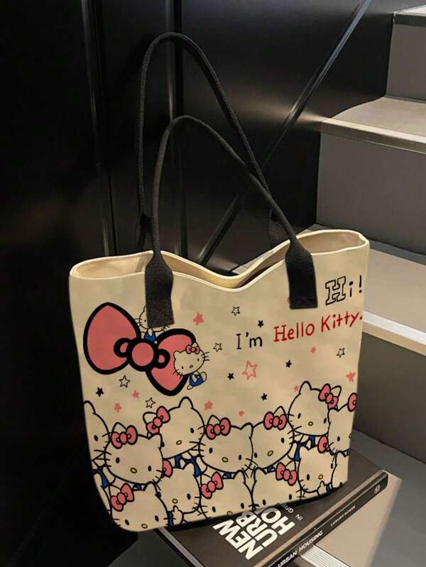 SANRIO حقيبة كانفاس هالو كيتي، حقيبة كتف لطيفة مع فيونكة ونمط قطة كيتي، أفضل هدية لمحبي سانريو، حقيبة كمبيوتر محمول، حافظة كمبيوتر محمول، حقيبة يد مدرسية، تخزين القرطاسية، حقيبة ظهر للبنات، حقيبة كانفاس