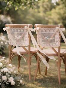 2pcs/Set Lace Newlywed/Bride & Groom Chair Back Decor Signs, Transparent Lace Decor Signs, Wedding Chair Decoration, Wedding Chair Banner Transparent Fabric Decor Signs - White Suit - View 9