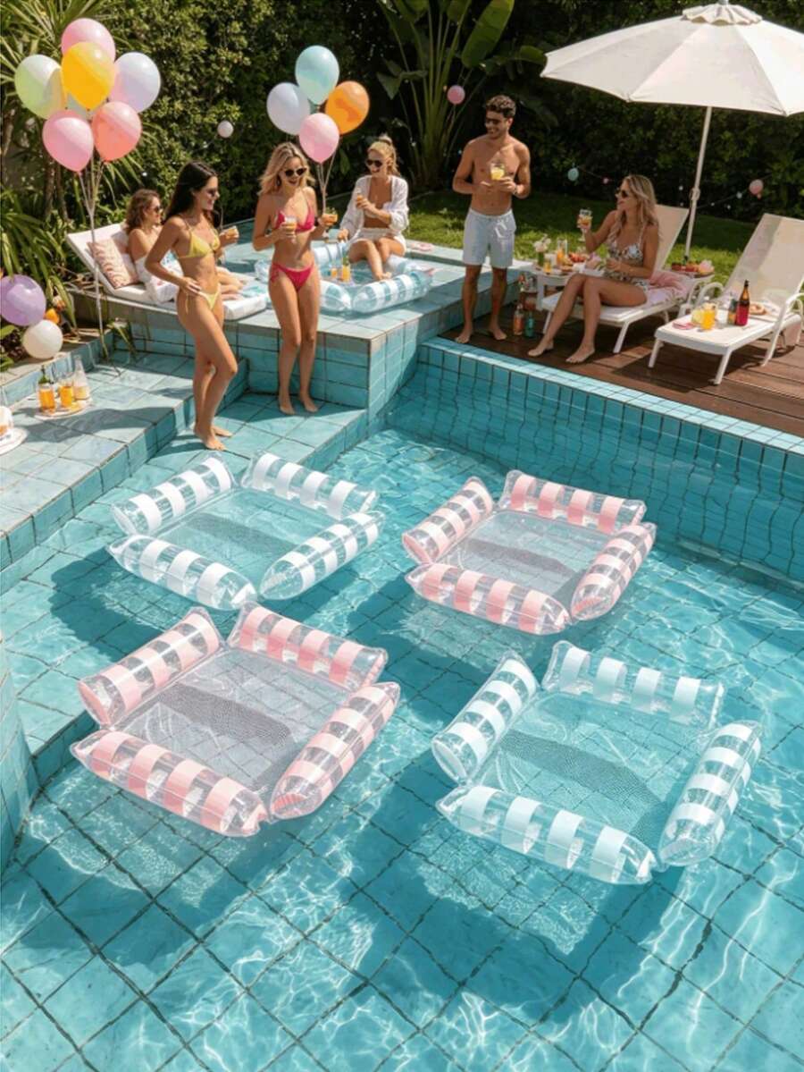 1pc Upgraded 4-Tube Inflatable Floating Mat (Includes Random Color Air Pump), Multiple Colors Available, Transparent Shiny Striped Tube Body With Reflective Sequins Inside, Holiday Essential, Summer Water Party Must-Have, Suitable For Adult Vacation And Leisure Use, Inflatable Pool, Inflatable Pool Float, Beach Supplies, Beach Accessories, Inflatable Sea, Non-Food Contact