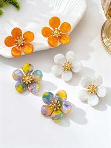 3 Pairs/1 Pair Fresh Acetate Resin Flower Stud Earrings, Niche Design, Orange/White/Iridescent 3 Colors Available, Light Luxury Gentle Style, Cartoon Five-Petal Flower Studs, Cute Sweet Exquisite Flower, Elegant Elegant, Versatile For Women's Vacation, Daily Wear And Outings - Earrings - View 1