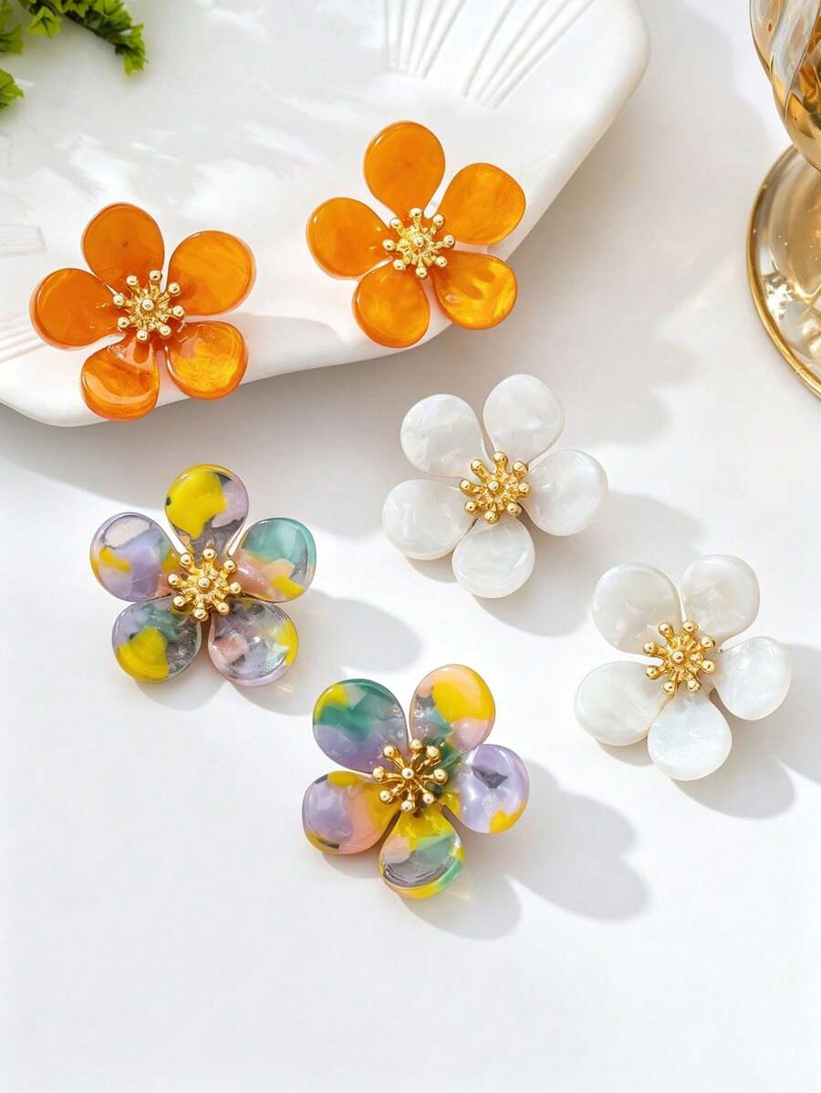 3 Pairs/1 Pair Fresh Acetate Resin Flower Stud Earrings, Niche Design, Orange/White/Iridescent 3 Colors Available, Light Luxury Gentle Style, Cartoon Five-Petal Flower Studs, Cute Sweet Exquisite Flower, Elegant Elegant, Versatile For Women's Vacation, Daily Wear And Outings - Earrings - View 1