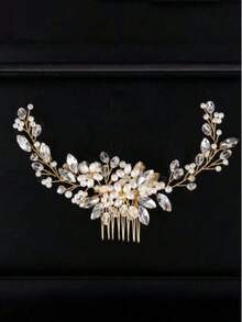 1pc Bridal Fashion Sweet Faux Pearl Rhinestone Side Hair Accessory Exquisite Wedding Dress Updo Hair Comb,Haircomb - Gold - View 2