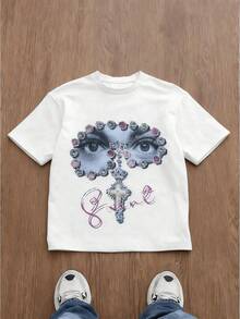 Minimalist. 100% Cotton. 1 Pack. Men's Pure Cotton Vintage Y2K Loose Fit Graphic Print T-Shirt, Y2K Style, Gem-Embellished Eye Cross Motif, All-Season Casual Wear, Unisex Streetwear Tee. Spring/Summer Top. - 白色 - 查看 1