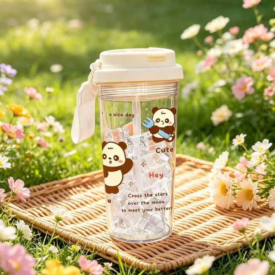 1個/5個 500ml 可愛熊貓造型塑膠杯，附吸管與提繩的冰咖啡杯，防漏水瓶，適合日常使用，學生與女孩的理想禮物。可愛迷人的節日、生日與開學季禮物；適用於學校、工作、居家與戶外活動。開學季