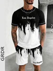 GRDR Set Kaos Lengan Pendek dan Celana Pendek Pria Motif Gradien Tinta Los Angeles, Pakaian Olahraga Kasual Musim Panas 2 Potong, Nyaman dan Bernapas, Bergaya - Hitam dan Putih - View 2