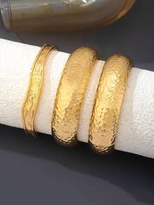 3pcs/1pc Fashion Minimalist Gold Hammered Geometric Wave Asymmetrical Shape Bangle Set, Suitable For Women, Exquisite Texture Polished Heavy Metal And Zinc Alloy Material Bangle Set - Yellow Gold - View 3