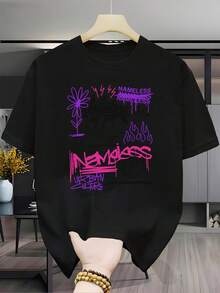 Nueva camiseta versátil de moda casual para hombre,% algodón, de manga corta, con base negra y estampado de graffiti artístico de llamas florales moradas, estilo urbano moderno, estampado personalizado, unisex (para hombres y mujeres), material cómodo, camiseta de manga corta, adecuada para todas las estaciones, regalo para vacaciones y cumpleaños - estilo unisex. - Blanco - Ver 6