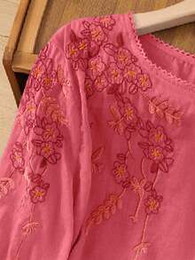 大尺碼女款刺繡寬鬆波希米亞復古襯衫，春夏休閒上衣，夏季度假女裝穿搭 - 紅色 - 查看 3