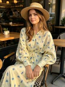 Boho Floral Print Two-Piece Outfit, Button-Up Blouse And Flowy Maxi Skirt - 藍色花 - 查看 5