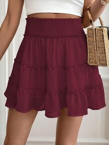 Women's Bohemian High Waist Mini Skirt With Ruffles And Shorts - Lightweight, 100% Polyester, Machine Washable, Solid Color For Casual And Formal Outfits - Burgundy - View 3