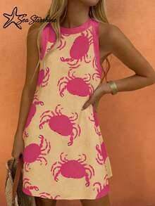 Women's Elegant Sexy Sleeveless Yellow Random Crab Print Dress, Suitable For Spring And Autumn Party Pink Summer - Pink - View 3