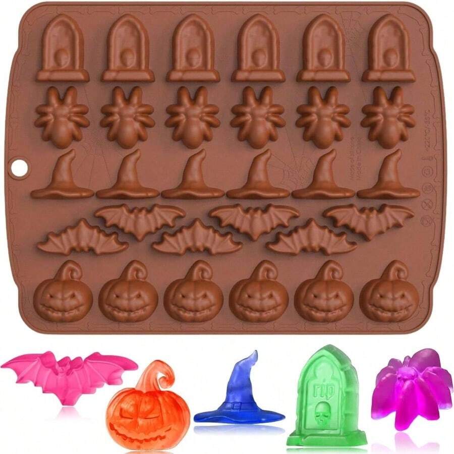 Molde de chocolate para Halloween, moldes de silicona de 30 cavidades para Halloween, molde de calabaza y caramelo, murcilago, sombrero de bruja, araa, moldes para hornear en forma de lpida para - No - Ver 1