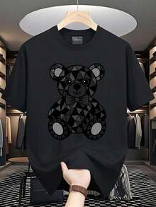 Almacen local,playeras de hombre,camisas para hombre,ropa de hombre,playeras de algodón para hombre,playera hombre, Oso geométrico,camiseta 180g algodón blanco y negro,patrón estampado moder - Negro - Ver 1
