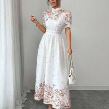 ghadjgyjad  Vestido de verano de mujer con estampado floral elegante, cintura ceñida y mangas abullonadas - Rosa - Ver 6