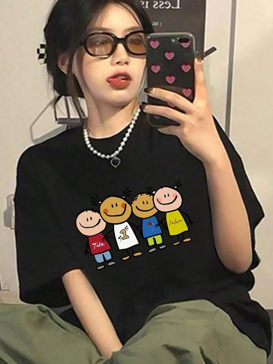 Women's Short Sleeve T-Shirt, Japanese Style, Round Neck, Loose Fit, Cartoon Print, Spring/Summer. Elegant Party Outfit/T-Shirt For Stylish Ladies/Suitable Blouses For Curvy Women/Prom Skirts/Casual Wear/Ideal Gift Choice. Adorable Animal Print | Fun Letter Print | Pairs Well With Streetwear | Summer Outdoor Or Everyday Wear - 黑色 - 查看 1