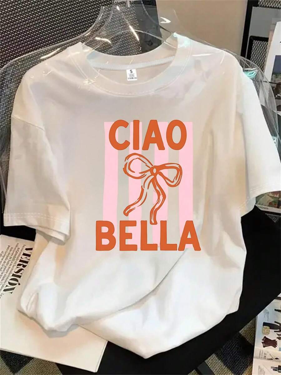 Camiseta de manga corta con cuello redondo y estampado del logo de Cia Bella para mujer, apta para todas las estaciones. - Blanco - Ver 1