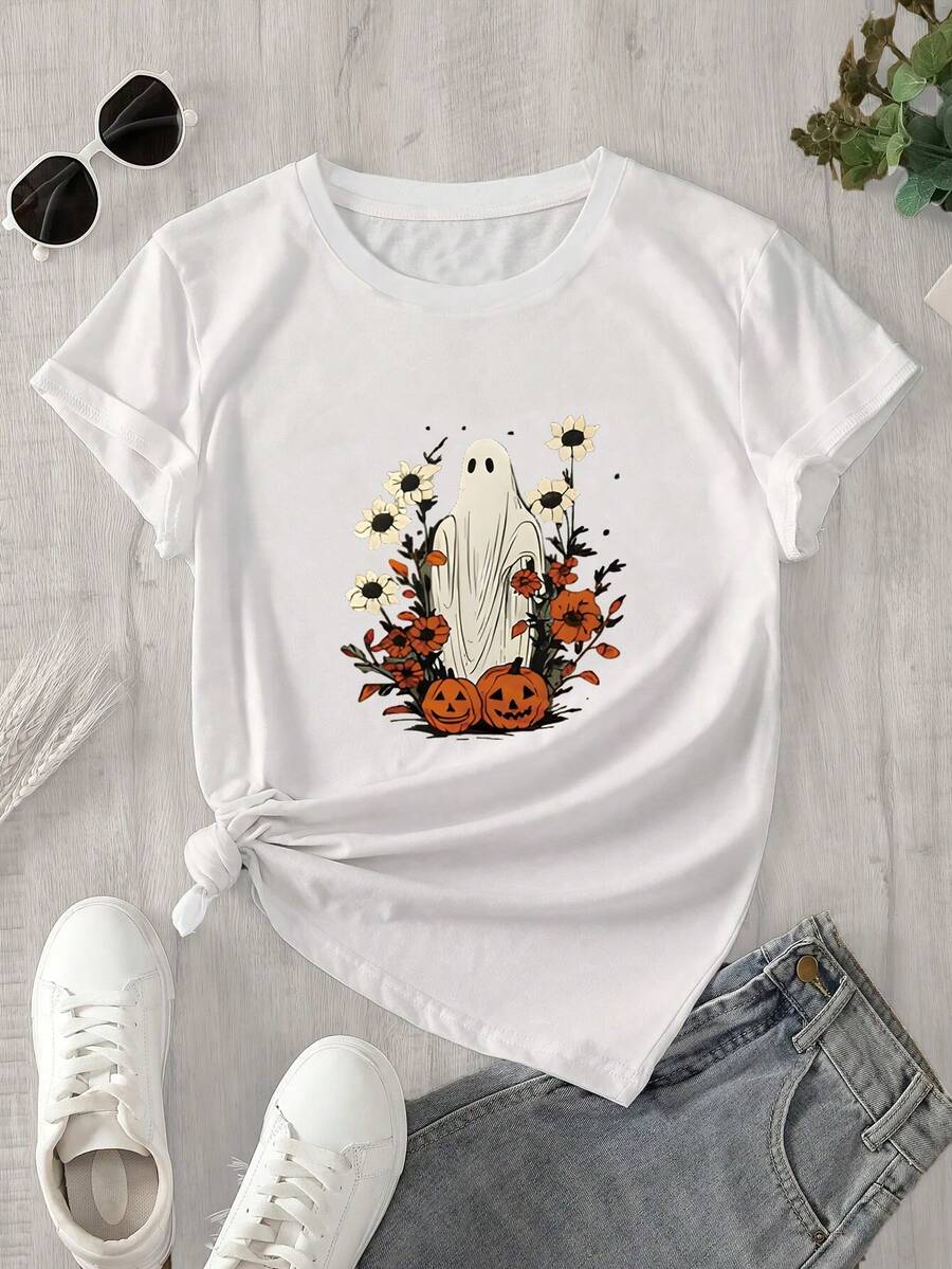 Camiseta de manga corta y cuello redondo para mujer con estampado de fantasmas rodeados de flores y calabazas, ideal para todas las estaciones. - Blanco - Ver 1