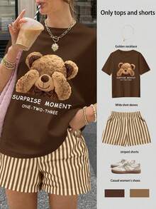 Set de 2 piezas de camiseta de manga corta con cuello redondo y estampado de moño, y shorts a rayas, para mujer, de estilo casual de verano - Café integral - Ver 1