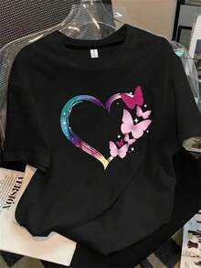 Top de mujer de manga corta y cuello redondo con estampado de mariposas y corazones, ideal para todas las estaciones. - Negro - Ver 1