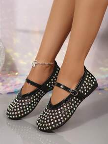 Sepatu Jala Berhiaskan Berlian Imitasi Hitam Ukuran Besar untuk Wanita, Sepatu Mary Jane Jala Bernapas Modis dengan Berlian Imitasi Warna-warni untuk Musim Panas, Sepatu Slip-On Nyaman dan Serbaguna untuk Kaki Lebar, Gaya Peri untuk Rok dan Klub Malam - Hitam - View 4