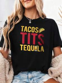 New Spring/Summer 2026 Fashion Short-Sleeve T-Shirt, Made In Mexico, 200g. 100% Cotton. Fun Graphic Tee With A Taco And Tequila Design, Cartoon Print, Suitable For Couples, Perfect For Layering Or Wearing Alone. Crew Neck, Versatile And Unisex. Suitable For Both Office And Casual Occasions. Individually Packaged. The Perfect Short-Sleeve T-Shirt For Summer. - 黑色 1 - 查看 1
