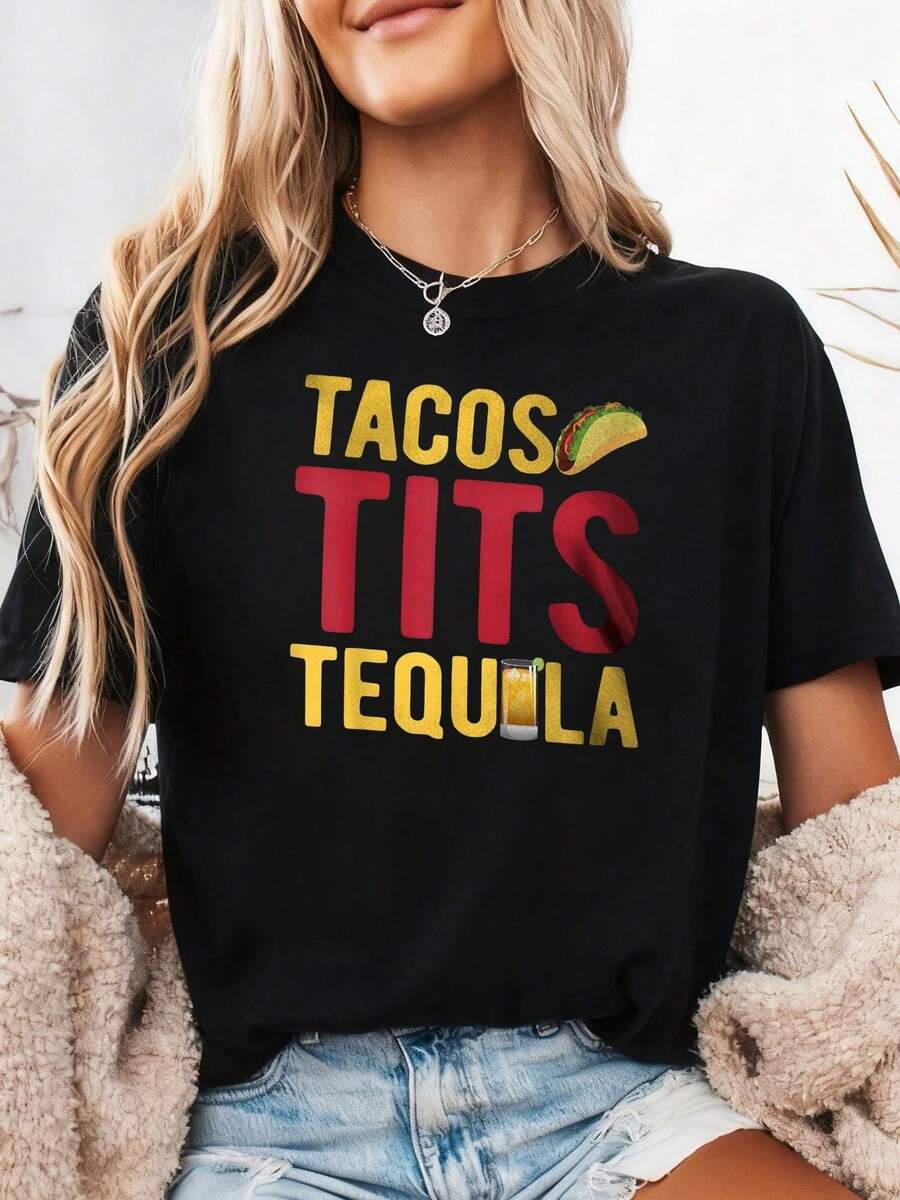 New Spring/Summer 2026 Fashion Short-Sleeve T-Shirt, Made In Mexico, 200g. 100% Cotton. Fun Graphic Tee With A Taco And Tequila Design, Cartoon Print, Suitable For Couples, Perfect For Layering Or Wearing Alone. Crew Neck, Versatile And Unisex. Suitable For Both Office And Casual Occasions. Individually Packaged. The Perfect Short-Sleeve T-Shirt For Summer. - 黑色 1 - 查看 1