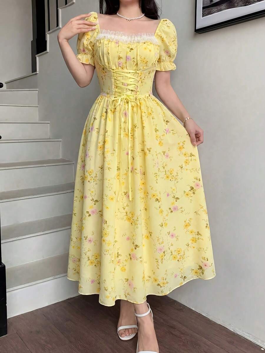 Elegant Long-Sleeved Dress With A Lace Collar And Fitted Hem, Featuring A Charming And Romantic Floral And Lace Design, Ideal For Holidays, Women's Dress - 彩色 - 查看 1