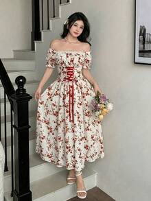 Elegant Long-Sleeved Dress With A Lace Collar And Fitted Hem, Featuring A Charming And Romantic Floral And Lace Design, Ideal For Holidays, Women's Dress - 鵝黃色 - 查看 4