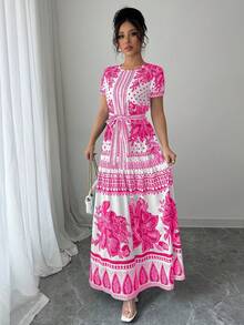 Vestido de Moda Oriental con Estampado Floral y Cinturón Ajustable para Mujer, Escote Redondo - Blanco marfil - Ver 4