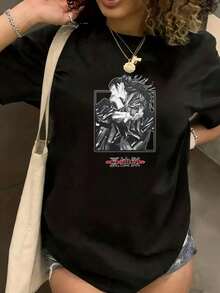 Under The Radar Crew Neck Funny Print ﻿ Women's Black T-Shirt With Anime Character Design And Text Print, Casual Urban Fashion Clothing, Unisex, Suitable For Christmas Gifts - Unisex Vintage Urban Style Loose Fit Cotton Short Sleeve Crew Neck T-Shirt. - 黑色 - 查看 1