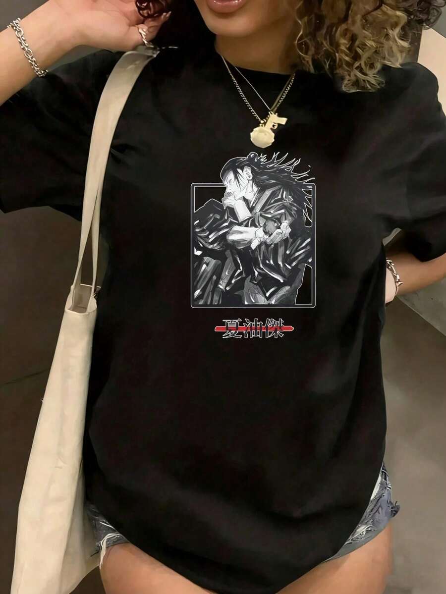 Under The Radar Crew Neck Funny Print Women's Black T-Shirt With Anime Character Design And Text Print, Casual Urban Fashion Clothing, Unisex, Suitable For Christmas Gifts - Unisex Vintage Urban Style Loose Fit Cotton Short Sleeve Crew Neck T-Shirt. - 黑色 - 查看 1
