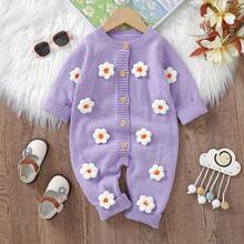 Infant Korean Style Gentle Purple Knitted Long Sleeve Romper, Baby Girl Sweet Style 3D Flower Romper, Baby Round Neck Front Button Romper - Purple - View 12