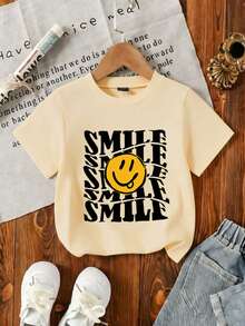 Young Boy 3pcs Casual Fun Print Crew Neck Pullover Short Sleeve T-Shirt Summer Top - Apricot - View 3