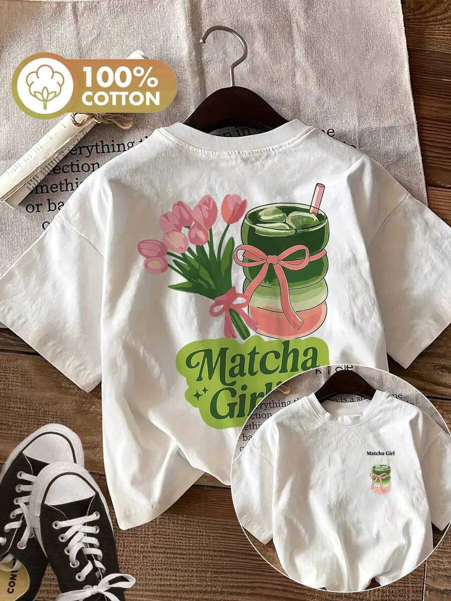Minimalist. 100% Cotton. 1 Piece. Women's T-Shirt With Double-Sided Print, Cute Style, Tulip Print, Iced Drink, Matcha Girl, Casual, Crew Neck, Short Sleeve, Summer Top. Spring/Summer Top. - 白色 - 查看 1